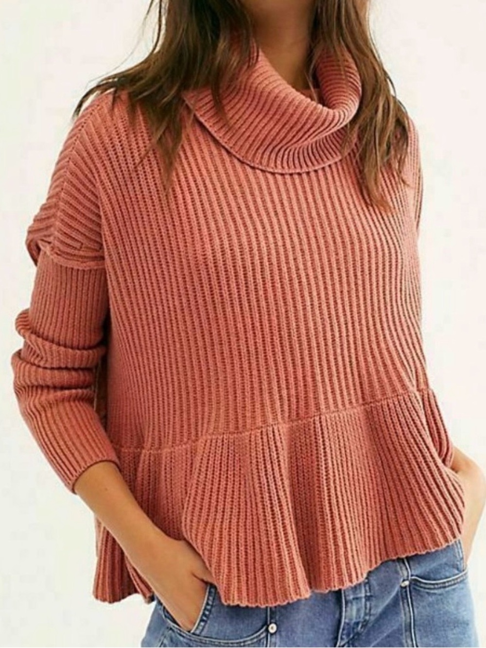 Free People Layer Cake Turtleneck Sweater Dusty Rusty Rose Rib Knit Ruffle XS